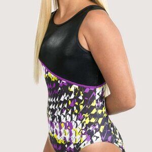 Plum Dyn-O-Mite Asymmetrical Gymnastics Leotard Black Purple Adult XS Like New